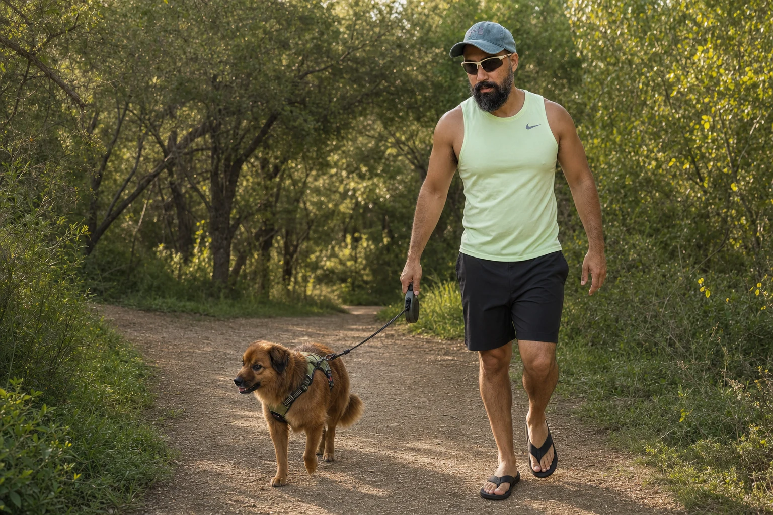 A person and their dog walking together on a wooded trail