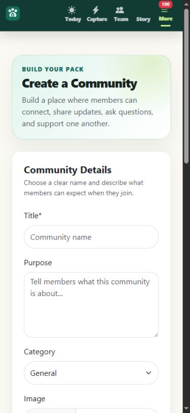 Create a Community form with title, purpose, category, and image fields
