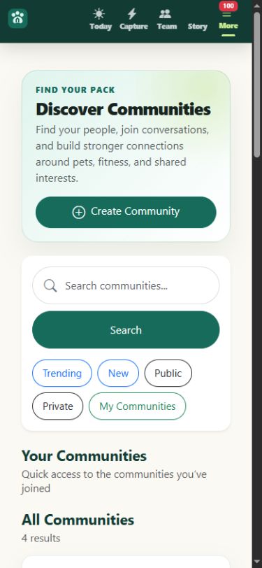 Fitness Paws Communities overview with search and discovery filters