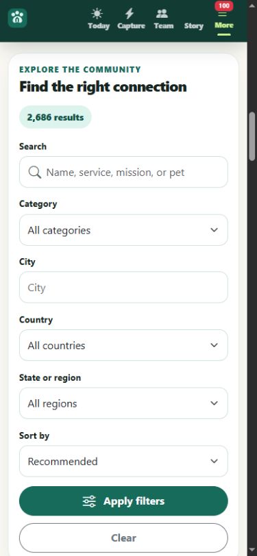 Hub directory filters for search, category, city, country, region, and sort order