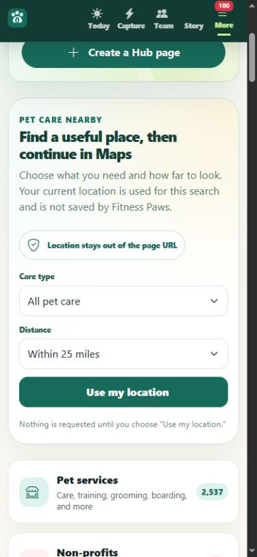 Hub nearby-care controls with care type, distance, and location privacy explanation