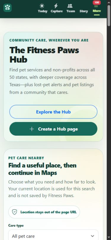 Fitness Paws Hub overview with options to explore or create a Hub page