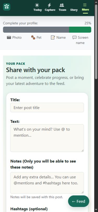Fitness Paws post composer with story and privacy controls