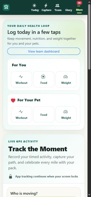 Fitness Paws Tracker overview with quick logging and live GPS activity cards